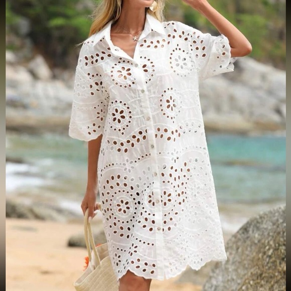 White Sheer Eyelet Embroidery Lace Button Down Shirt Dress - Picture 6 of 6